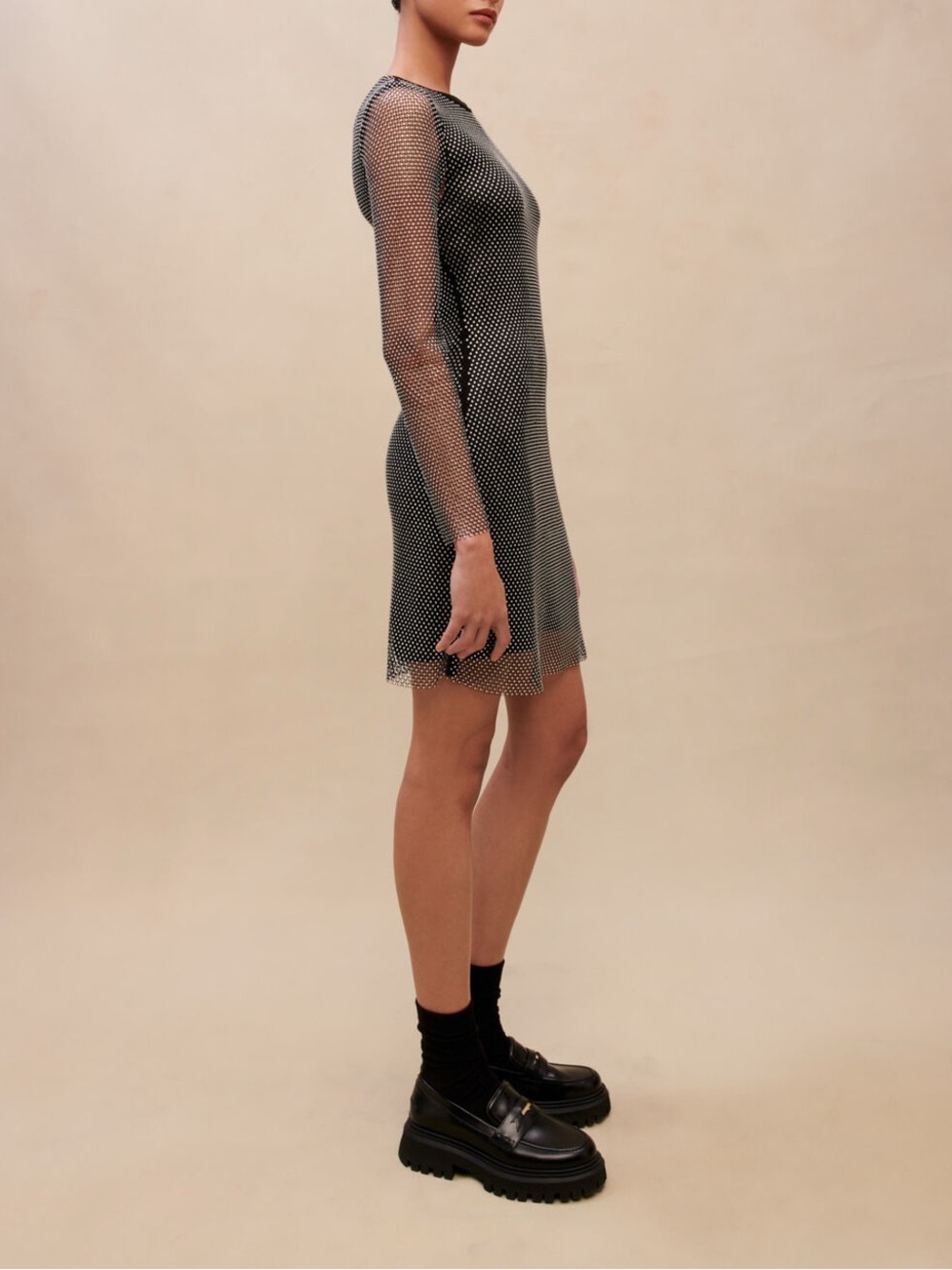 Maje Black Mesh Polka Dot Mini Dress